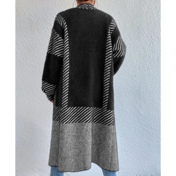 so soft comfy open front striped print fuzzy sweater knit duster cardigan black - Picture 2 of 6
